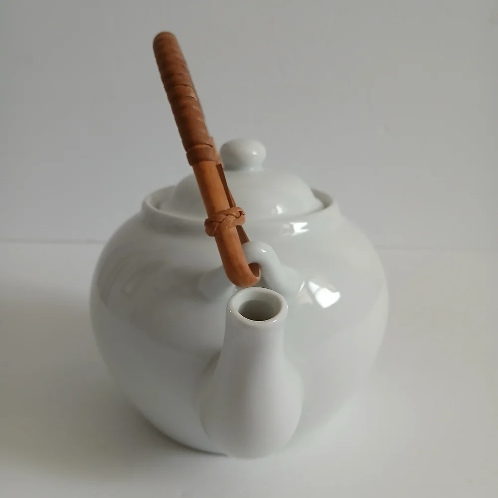 Pier 1 White Tea Set Boho Rafia Handle Asian Cottage